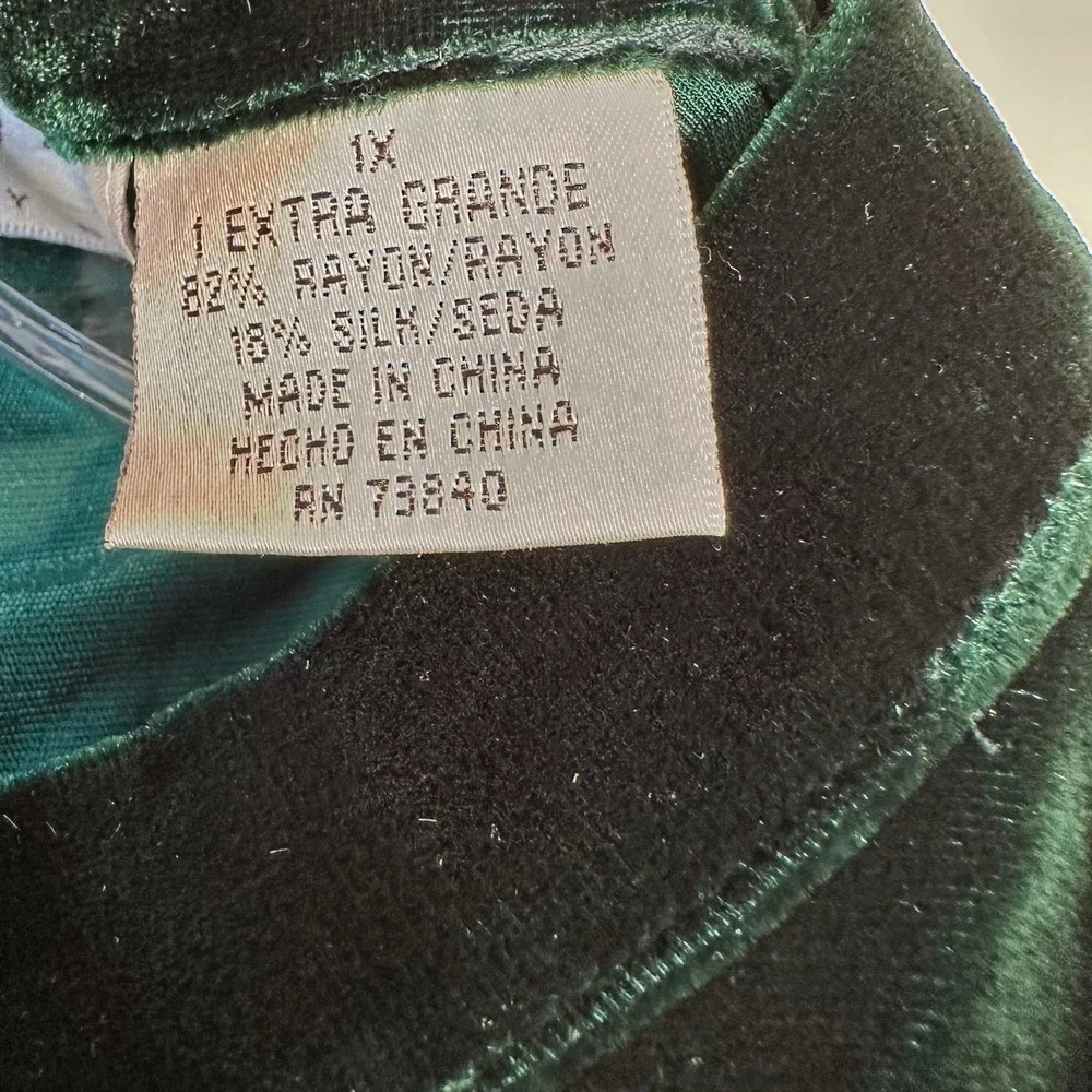 Silk Lore Beth Terrell Forest Green Silk Blend Velvet Mandarin Collar Shirt 1X
